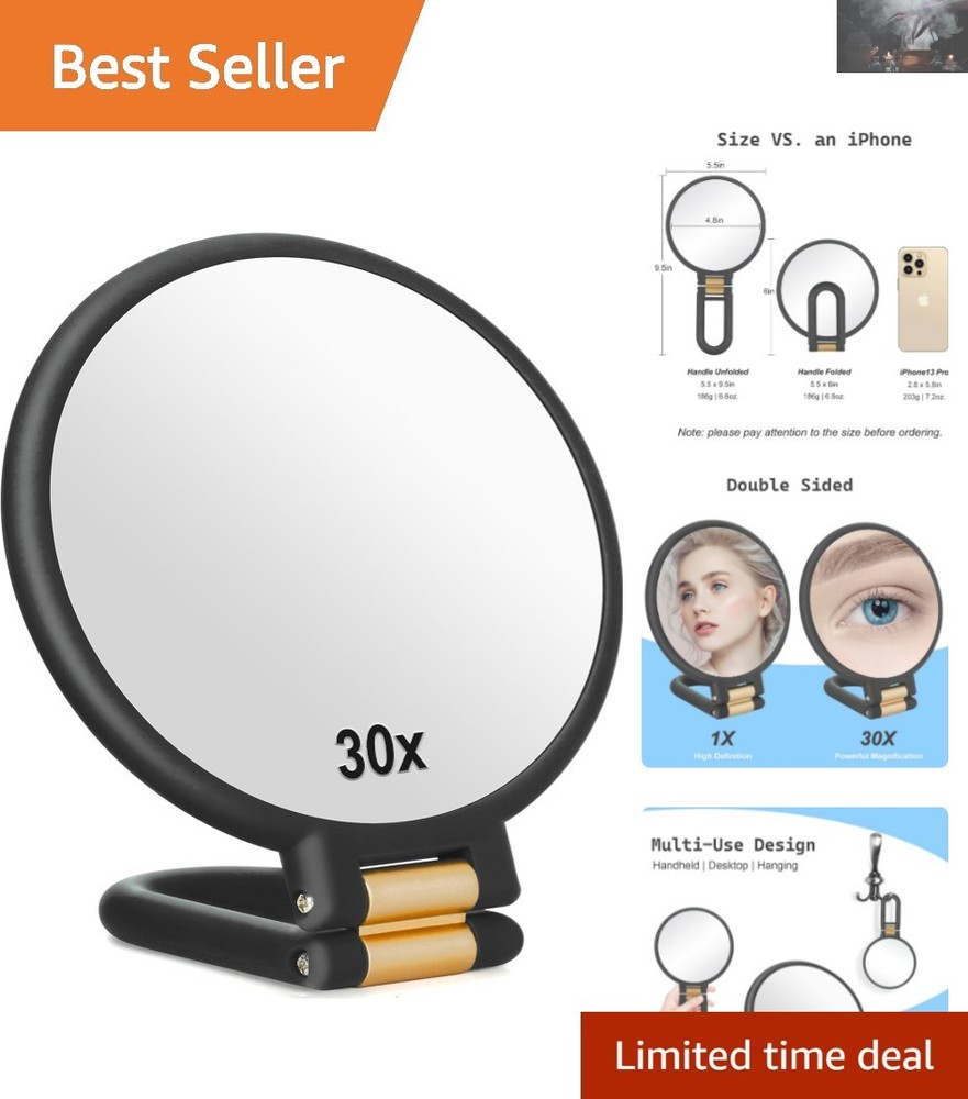 Double-Sided Magnifying Travel Mirror with 30x Power & Adjustable Handle