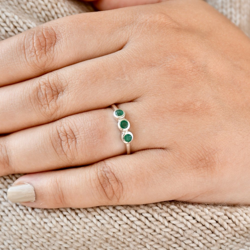 Ring Silver 925 Emerald Stackable Sterling Solid Gemstone Genuine Band Jewelry