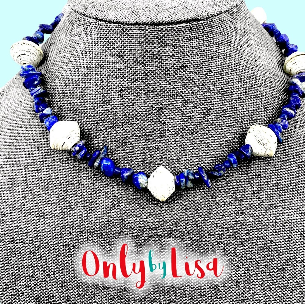 Paper Beads & Lapis Necklace, one of a kind