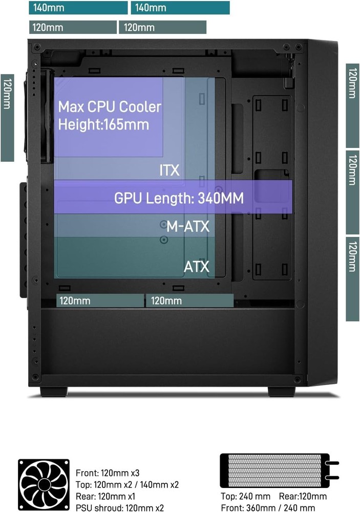 EC2 Black Mid Tower Case – Supports 50 Series Graphics & Cooling