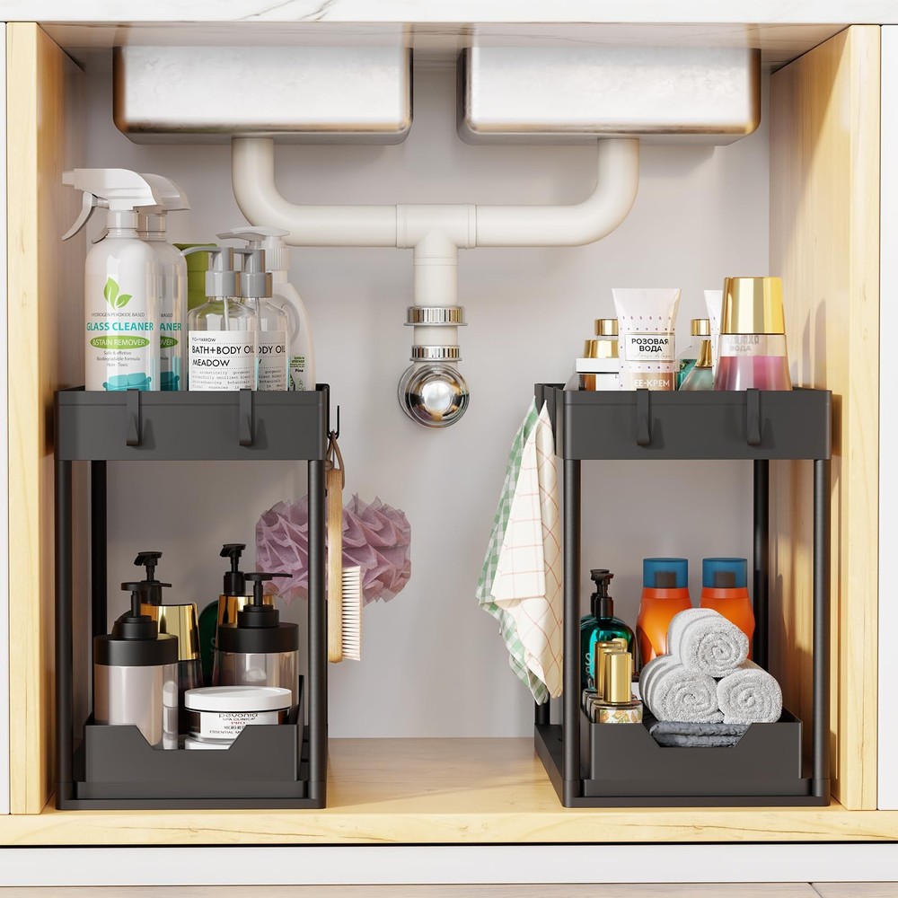 Under Sink Organizer 2 Pack, Sink Pull-Out Sliding Storage Cabinet, 2-Tier Un...
