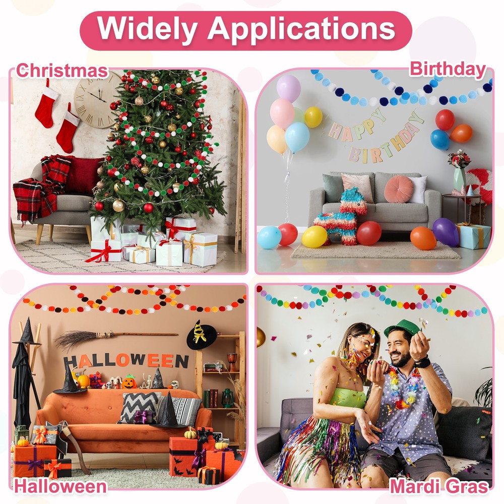 2Pcs 13Ft Pom Pom Garland Decorations, Multicolor