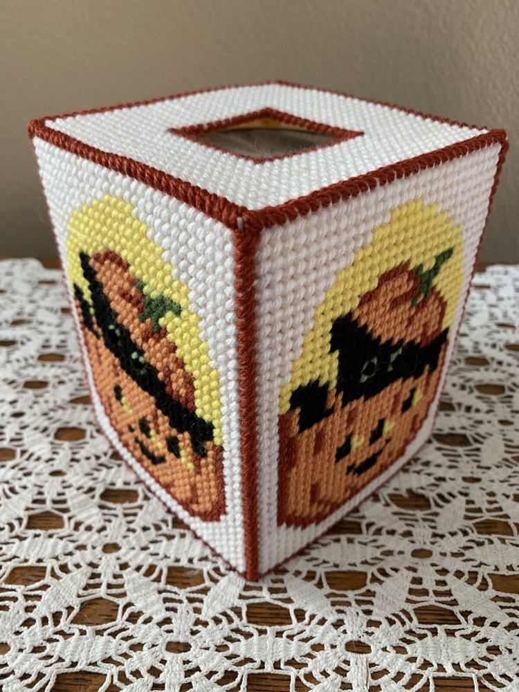 Handmade Needlepoint Plastic Canvas Tissue Box Cover - Jack O’Lantern Kitten