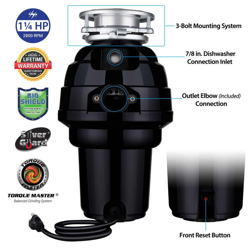 Eco Logic 1.25 HP Premium Kitchen Garbage Disposal with Plug, Continuous Feed
