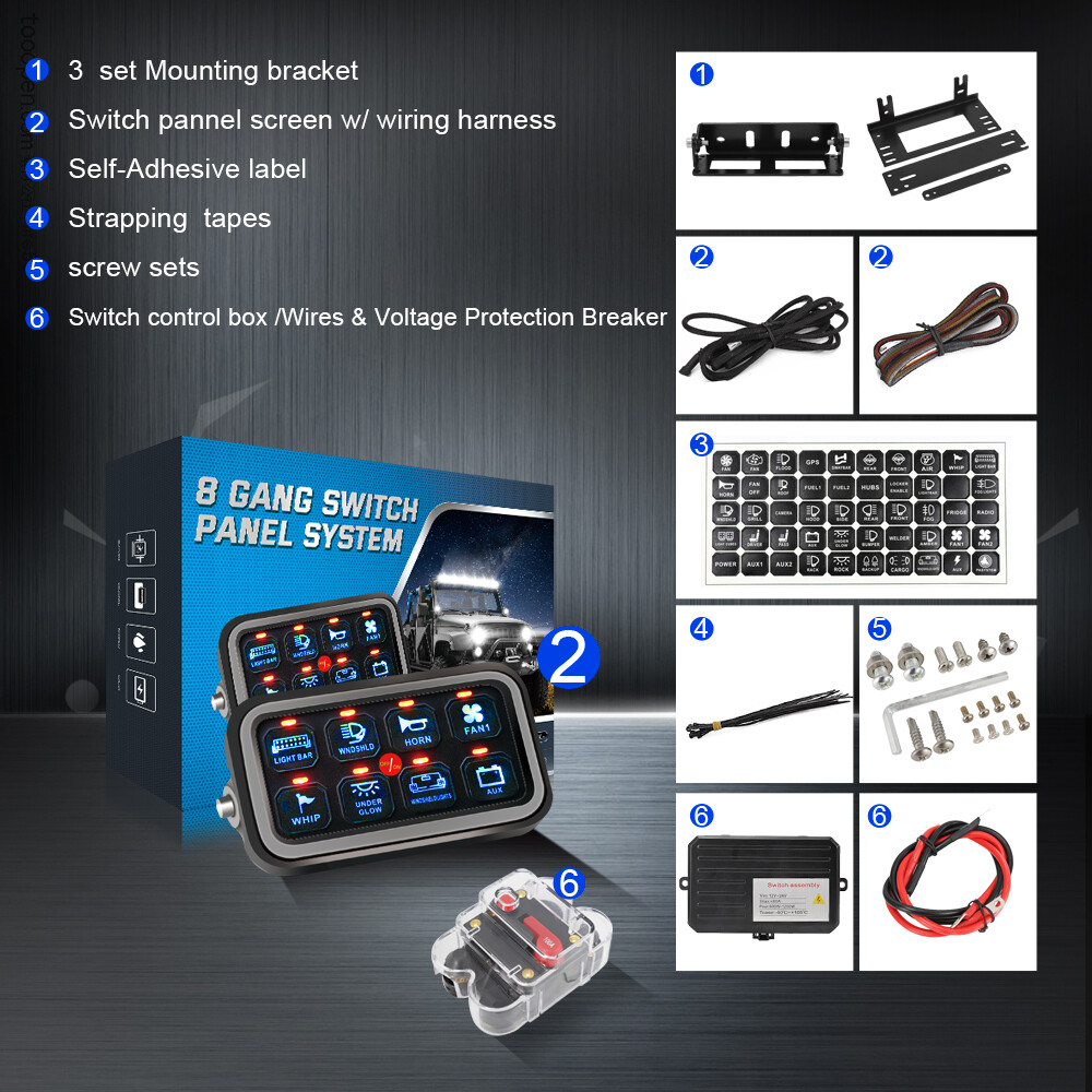 UTV 8 Gang 1200W LED Work Lights Relay Control Switch Panel Toggle Blue Backlit