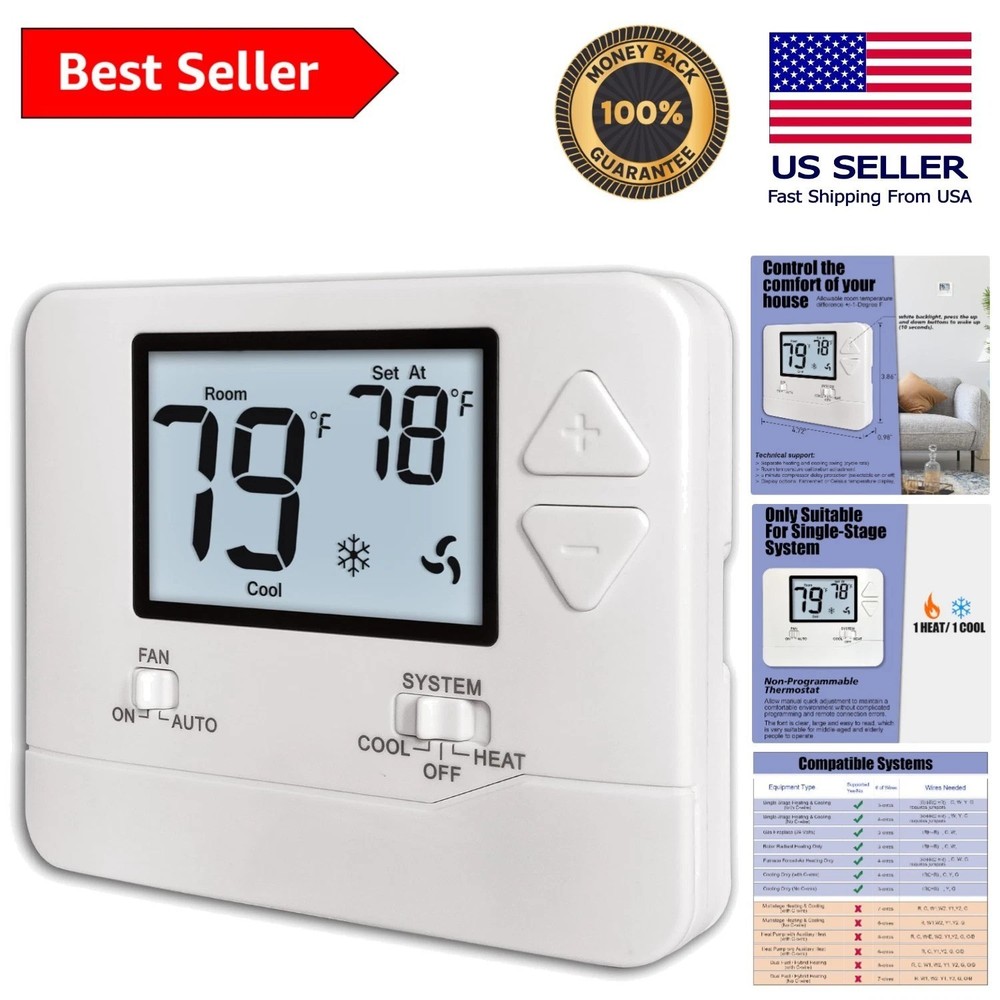 Non-Programmable Digital Thermostat for Single-Stage Systems, 1 Heat/1 Cool