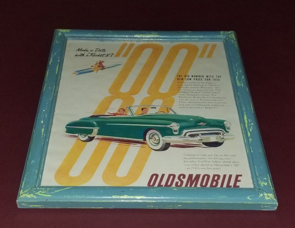 VTG STYLE OLDSMOBILE ROCKET 88 FRAMED PRINT RUSTIC AWESOME RETRO PROP DECOR !!!!