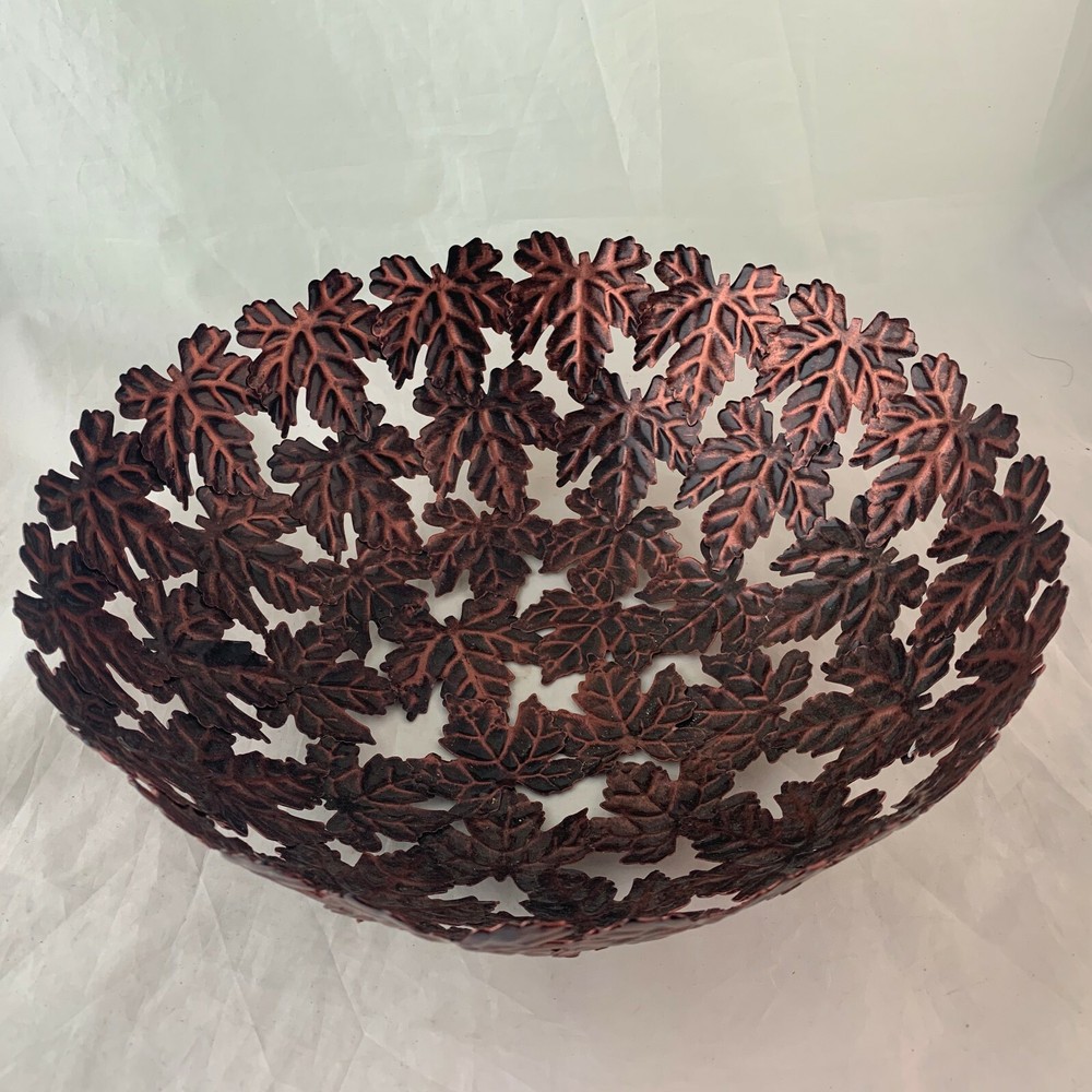 COPPER MAPLE LEAF VASE BOWL CENTERPIECE FALL AUTUMN OPEN WORK RARE DECOR