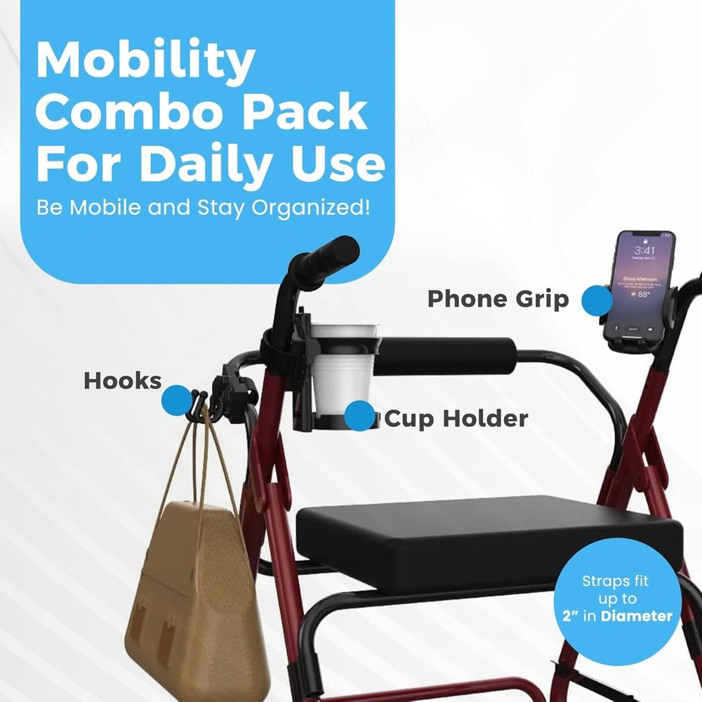 Mobility Combo Pack, Hook, Phone and Cup Holder for Walker, Portable Beverage...