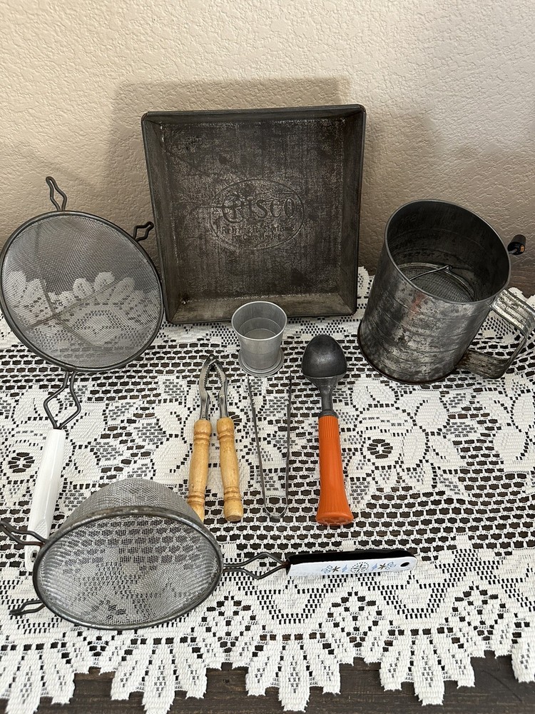 VINTAGE KITCHEN TOOLS Crisco Pan, Strainers, Sifter, Ice Cream Scoop Nutcracker