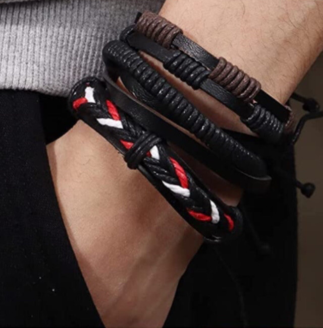 3 PC Unisex Leather Bracelet Stackable Adjustable Tie New Free Ship 8144