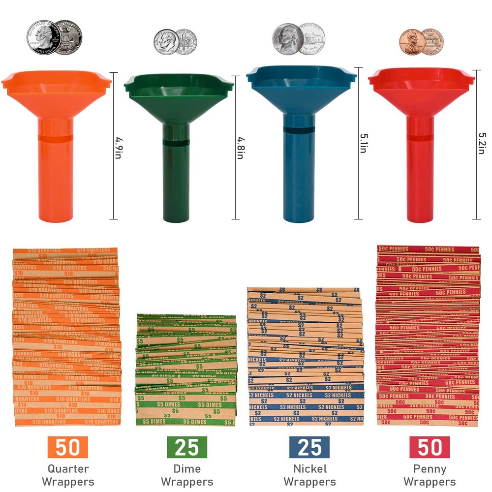 Coin Roll Wrappers, 150 Assorted, 4 Sorting Tubes, Striped, Multicolor