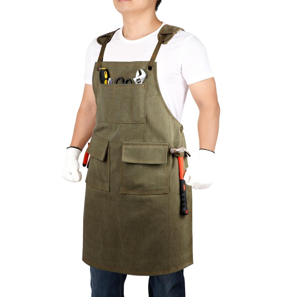 Work Apron with Pockets Thickened Waxed Canvas Apron Extended Adjustable Stra...