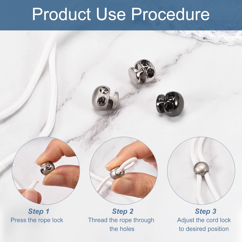10pcs Double Hole Spring Elastic Drawstring Rope Cord Lock, White Nickel