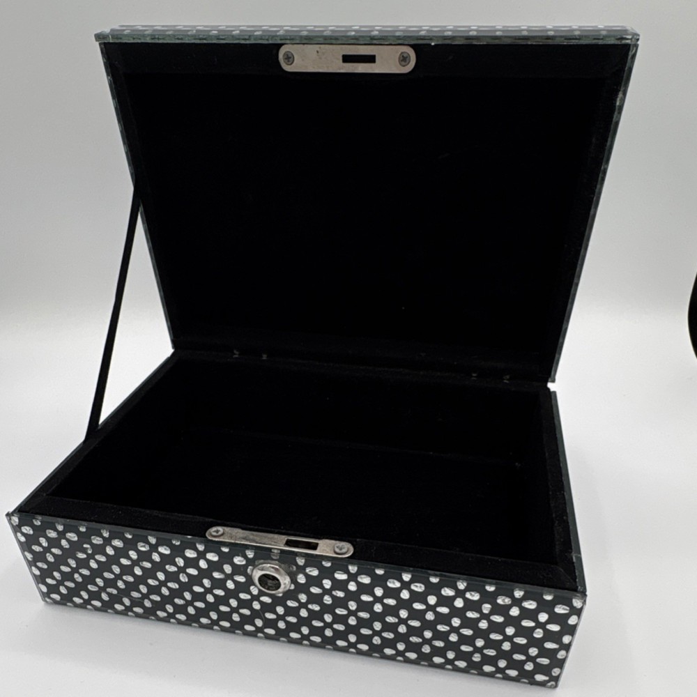 Black White Polka Dot Glass Lockable Decorative Box Medium Rectangular 9x6x3in