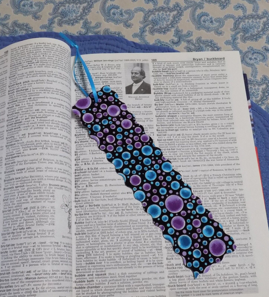 Bookmark Handmade Fabric or Cloth Bubbles Polka Dots with Turquoise Ribbon
