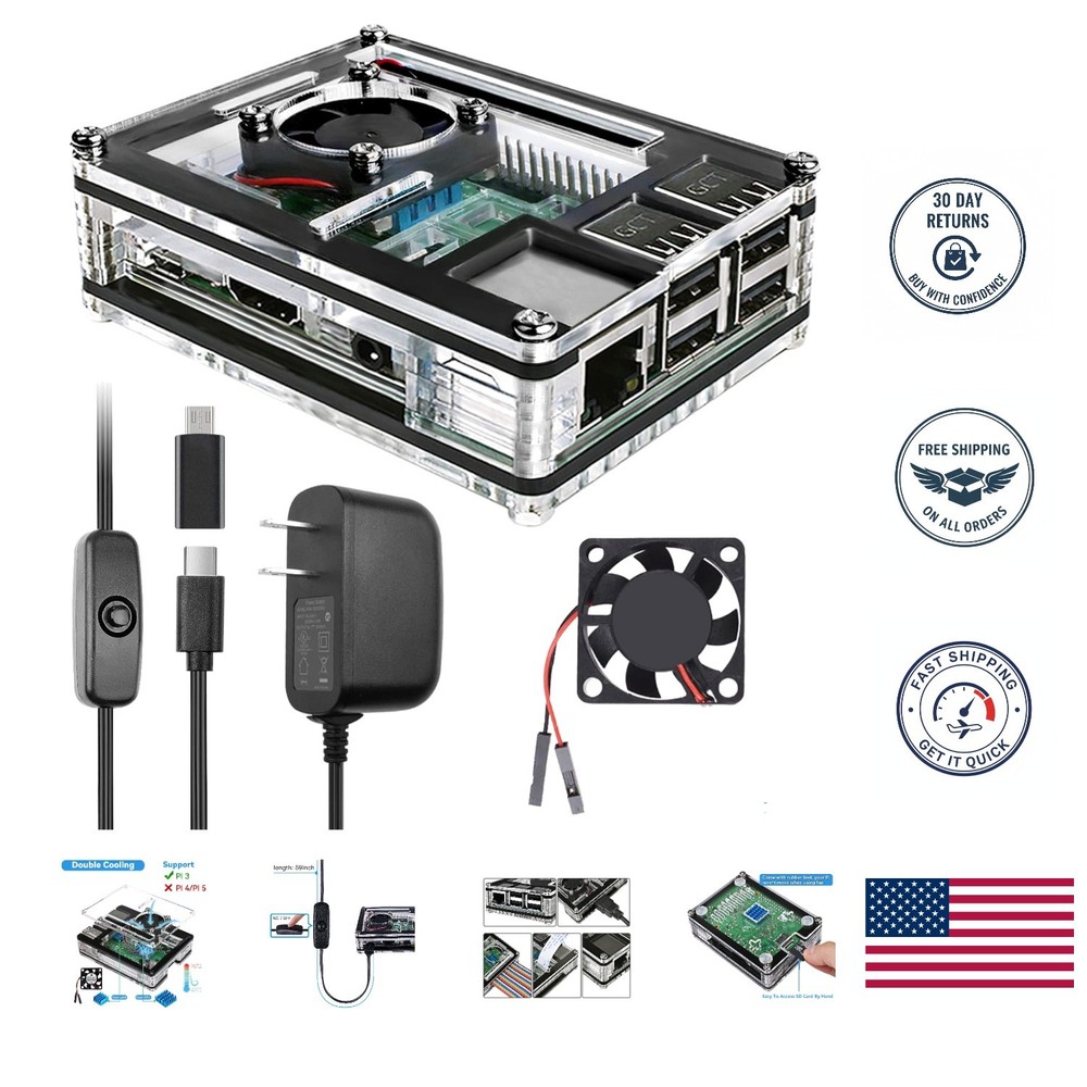 Complete Raspberry Pi 3 B+ Case Set with Cooling System & Stylish Acrylic Design