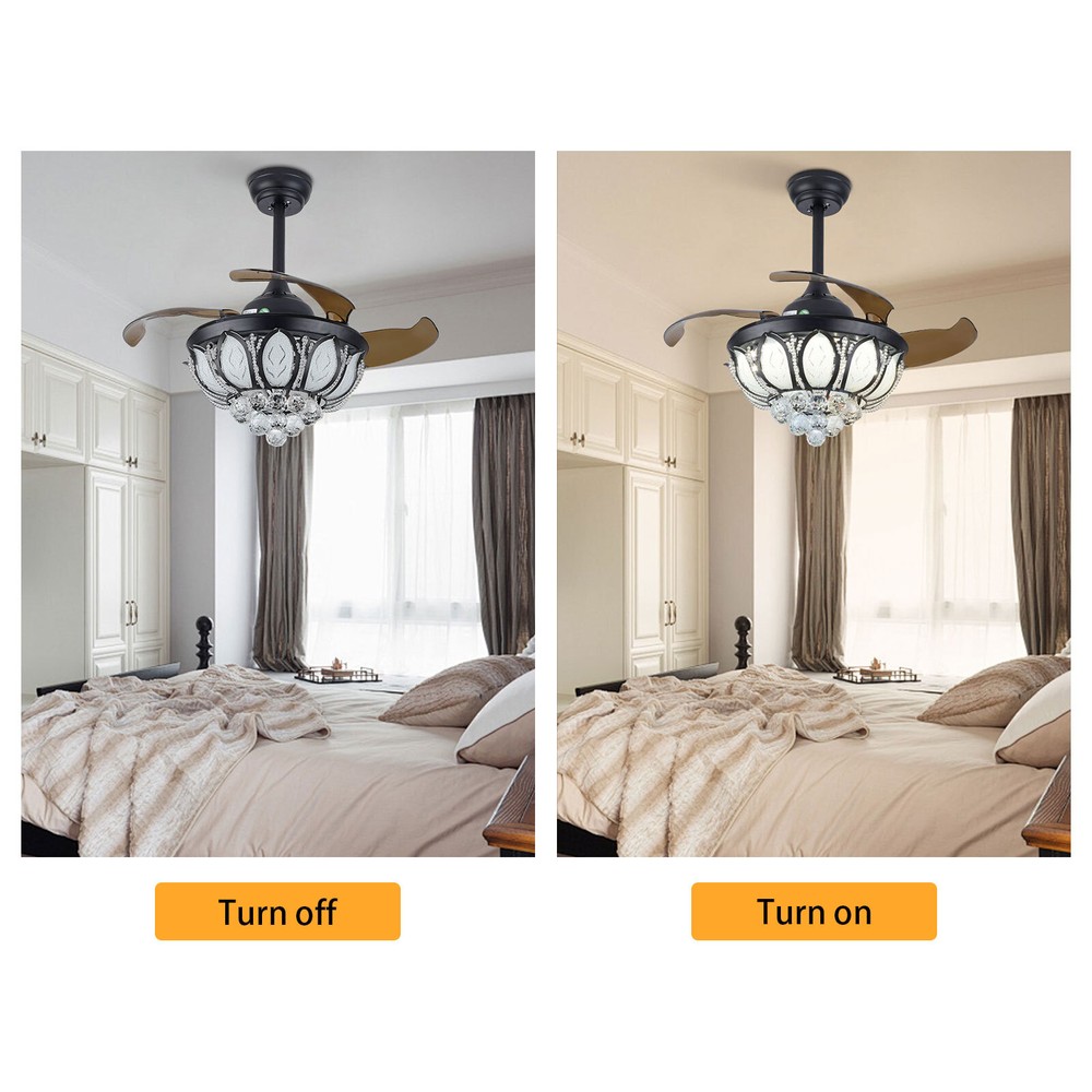 Retractable Fan Ceiling Light K9 Crystal 3color Ceiling Fan Light Remote Control