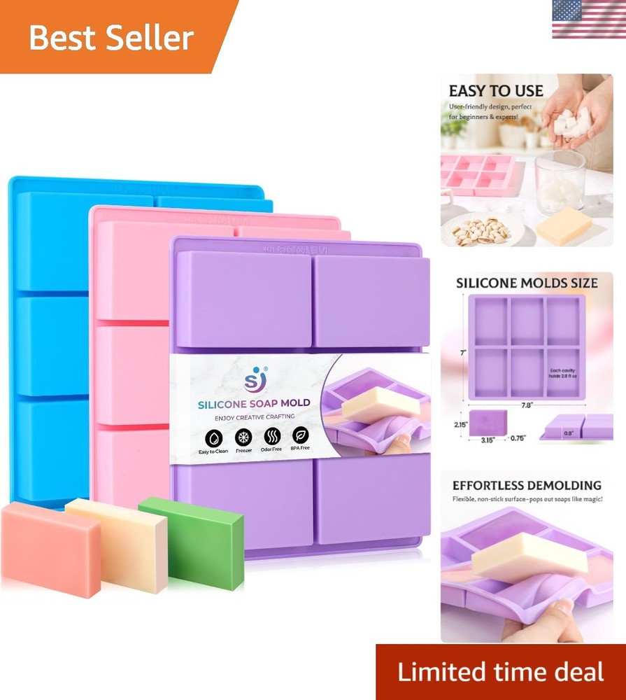 3-Pack Silicone Soap Molds - Rectangle 6 Cavity Design for Creative Crafts