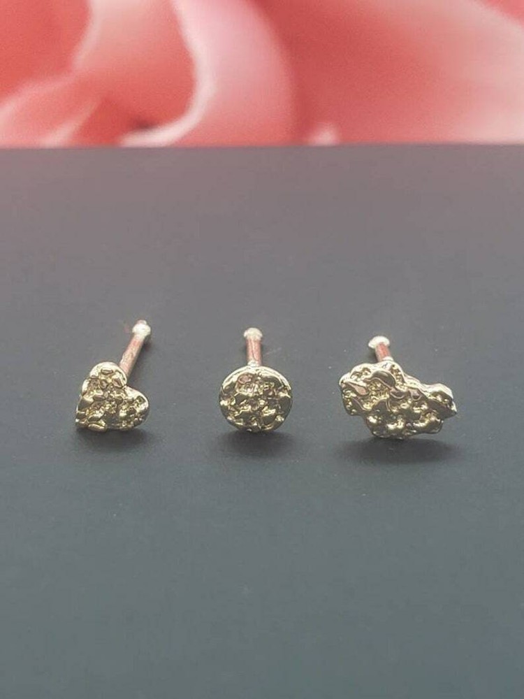 NUGGET 14K Solid Yellow Gold , Nugget Bar Nose Stud, 3 different style Nose Stud