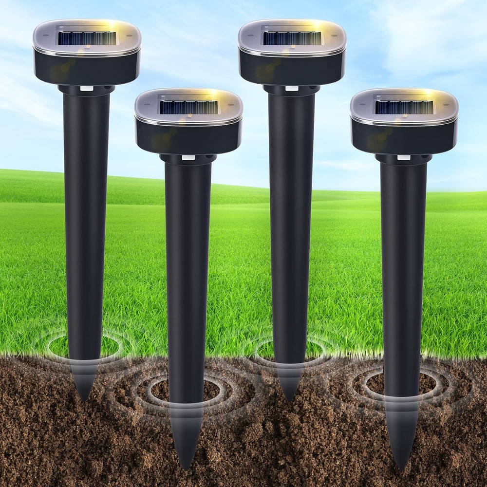 4 Pack Mole Repellent Solar Powered, Snake & Skunk & Vole & Gopher & Armadillo &