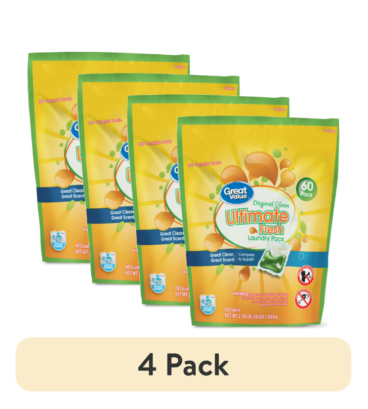 (4 pack) Great Value Ultimate Fresh Laundry Pacs, Original Clean, 60 Count
