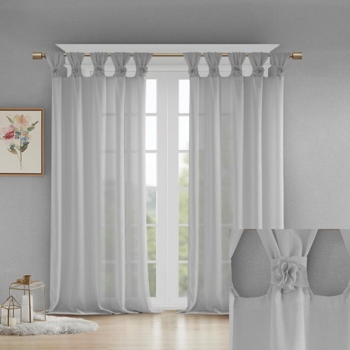 AS Floral Embellished Cuff Tab Top Solid Curtain Panel Grey(Only 1 Pc )50x84"