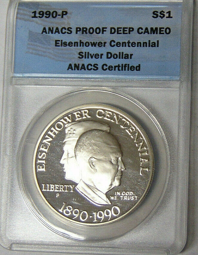 ANACS Proof Deep Cameo 1990-P Eisenhower Centennial Commemorative Silver Dollar