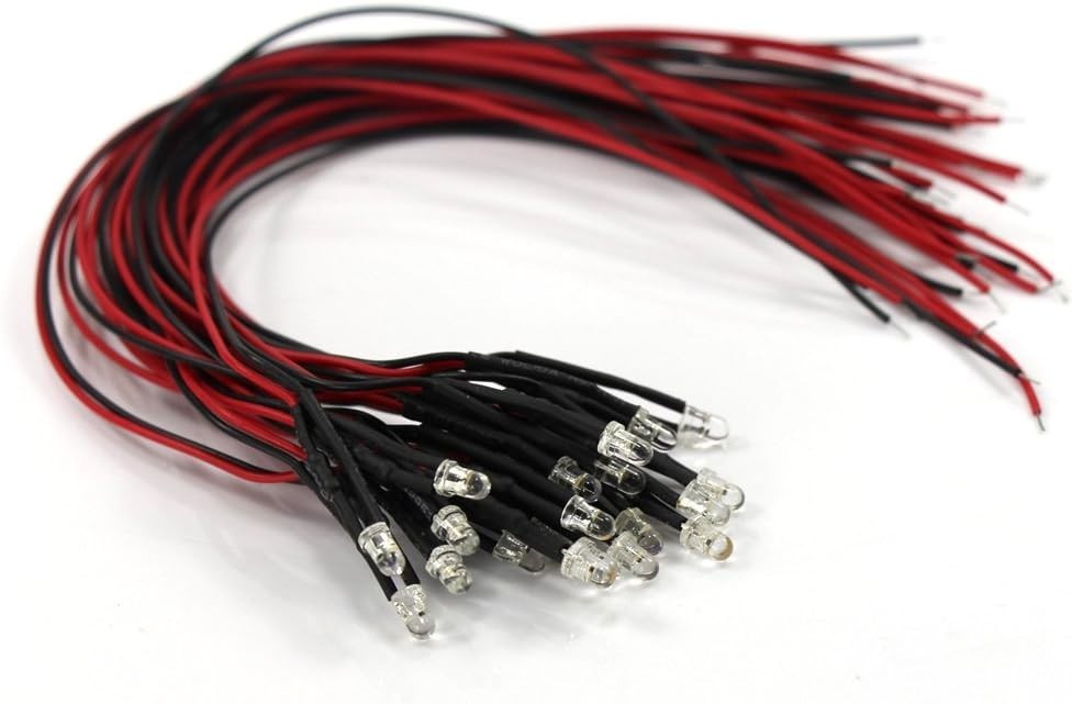 20 Pcs Warm White 3mm Pre-Wired LED Lights for Model Railroads & Projects