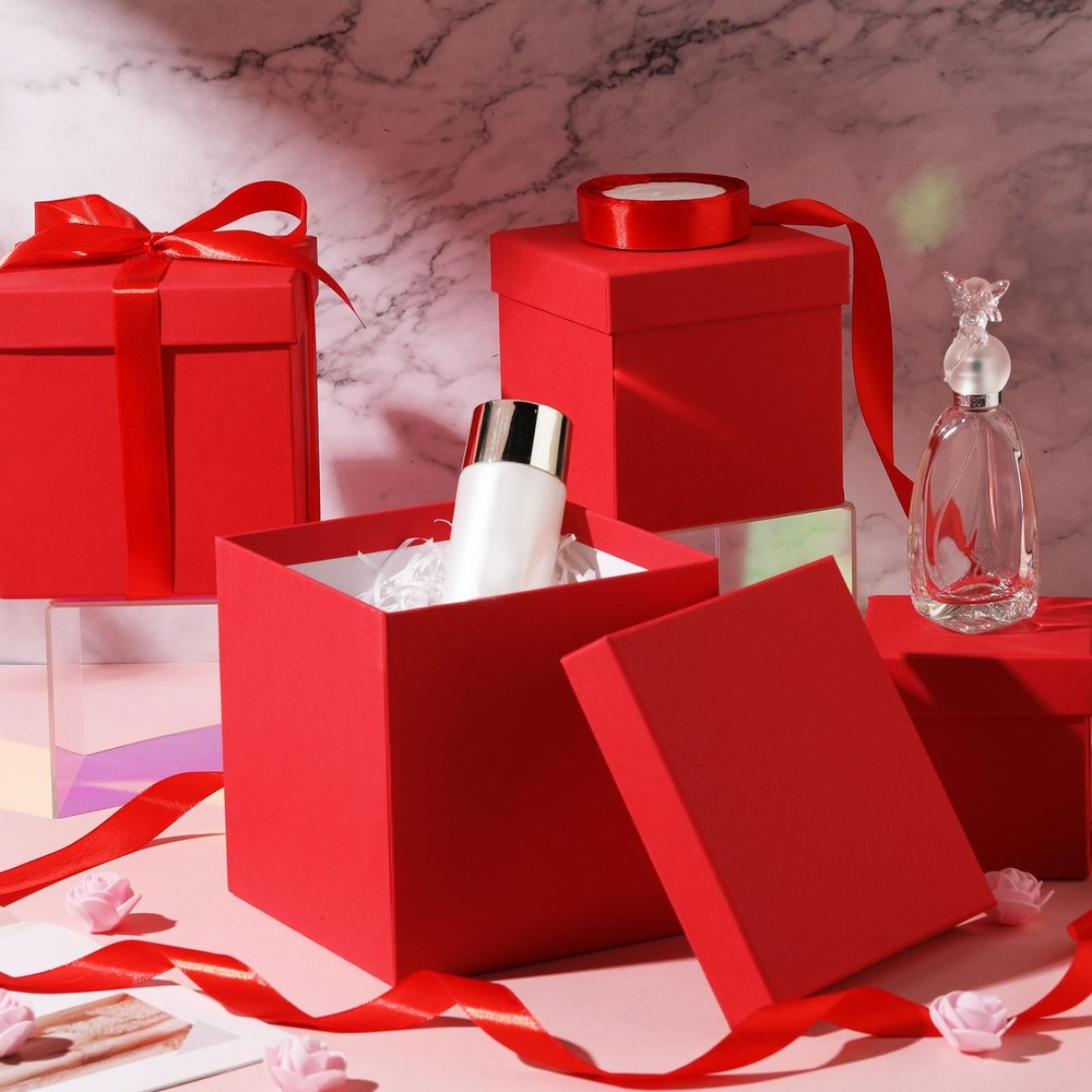 Cholemy 5 Pcs Square Nesting Boxes Decorative Gift White Card, Bright Red