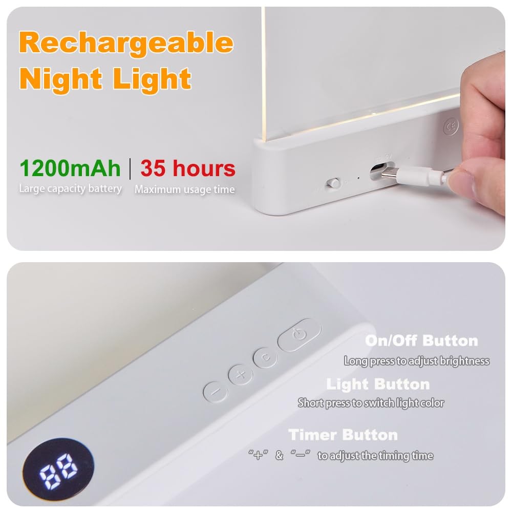 Book Light, Rechargeable Clear LED Flat Reading Light with 3 Colors & Timer, ...