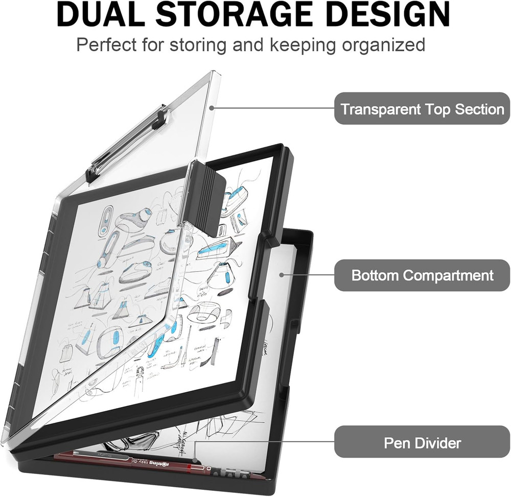 Plastic Clipboard with Storage, Side Opening with 2 Compartment, Size 13.3 X 9.4