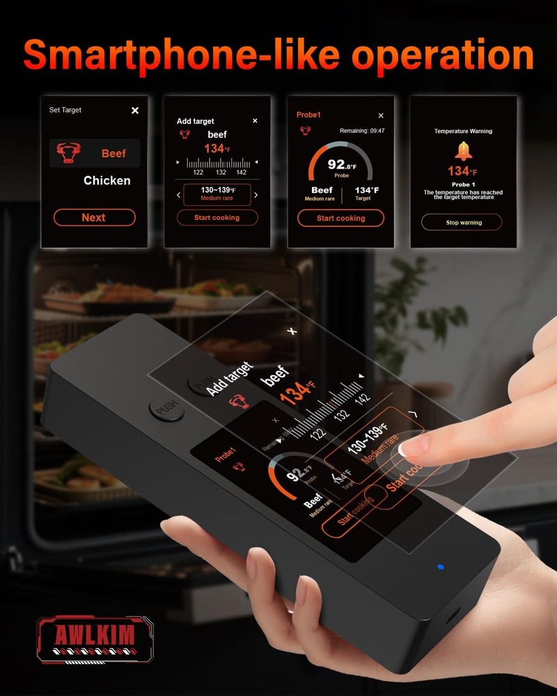 Bluetooth Wireless Meat Thermometer W/ App Touch Screen Audible Alarm 2 Probes