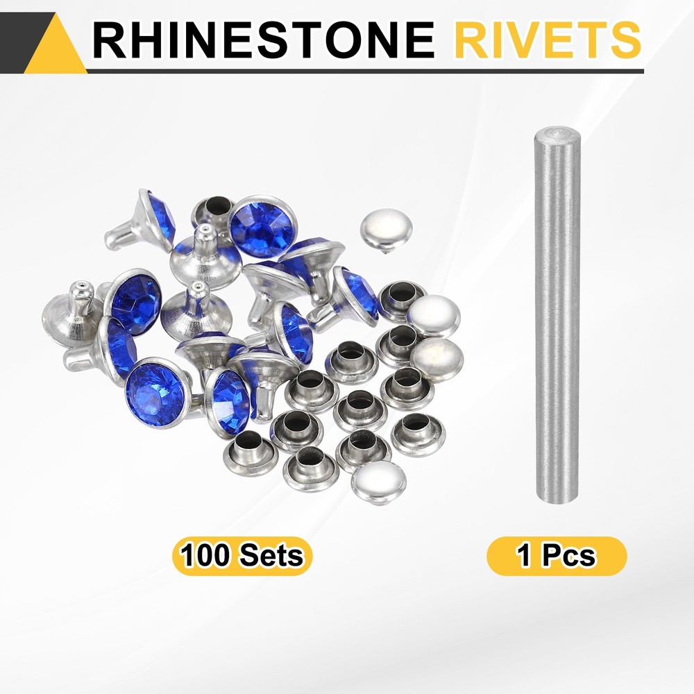 100pcs Crystal Rivets 8mm Rhinestone Stud with Installation Tool, Silver Blue