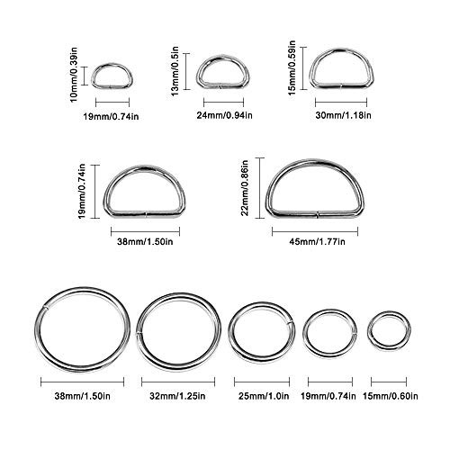 50 Pcs Assorted Sliver O Ring & 20 Pcs Multi-Purpose Metal D Ring for