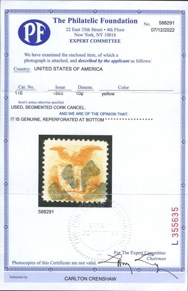 US # 116 10¢ Eagle, Fine, reperfed at bottom, PF (2022)