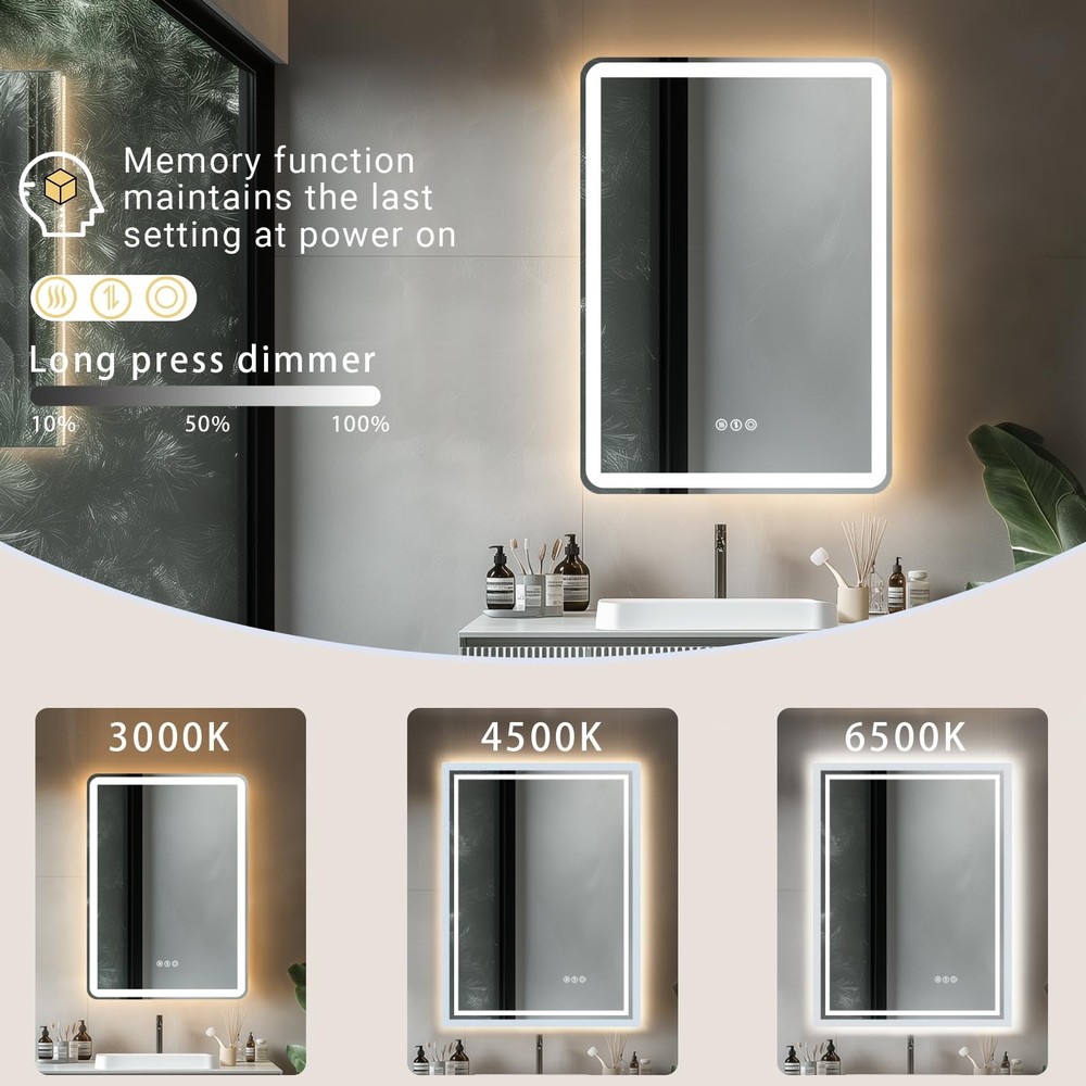 28x 20 LED Bathroom Mirror with Stepless Dimmable, Backlight Wall Mirrors wit...