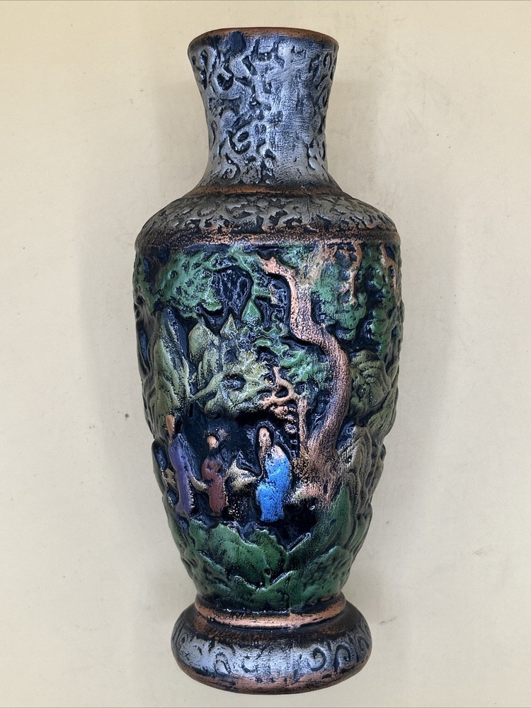 10.5” Ceramic Vase. Raised Design, Hand Painted.