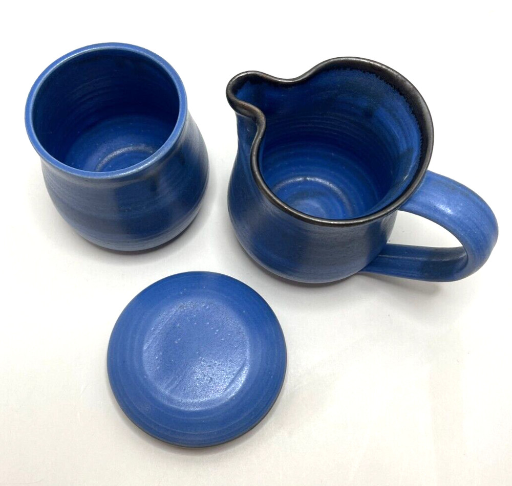 Handmade AUB Pottery Blue Sugar Bowl & Creamer Signed