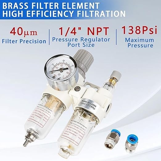 1/4" NPT Compressed Air Filter Regulator Comb, 5 Micron Brass Filter