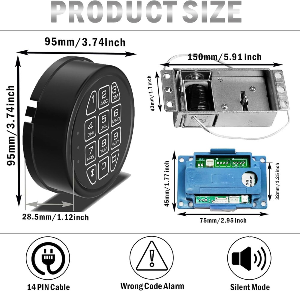Gun Safe Replacement Lock Solenoid Lock 2 Keys Electronic Black Keypad Safe Lock