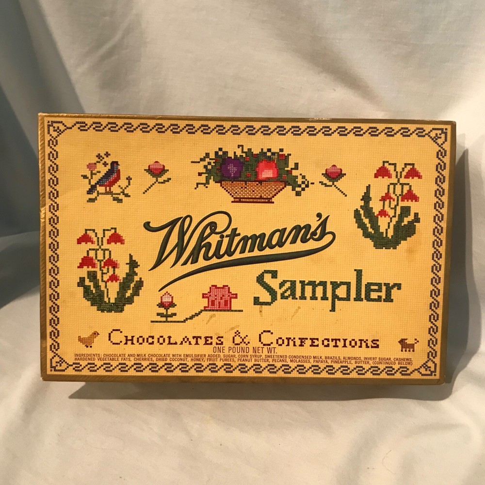 Whitman's Chocolates  & Confections Cross Stitch Sampler Empty Hinged Box $11.99