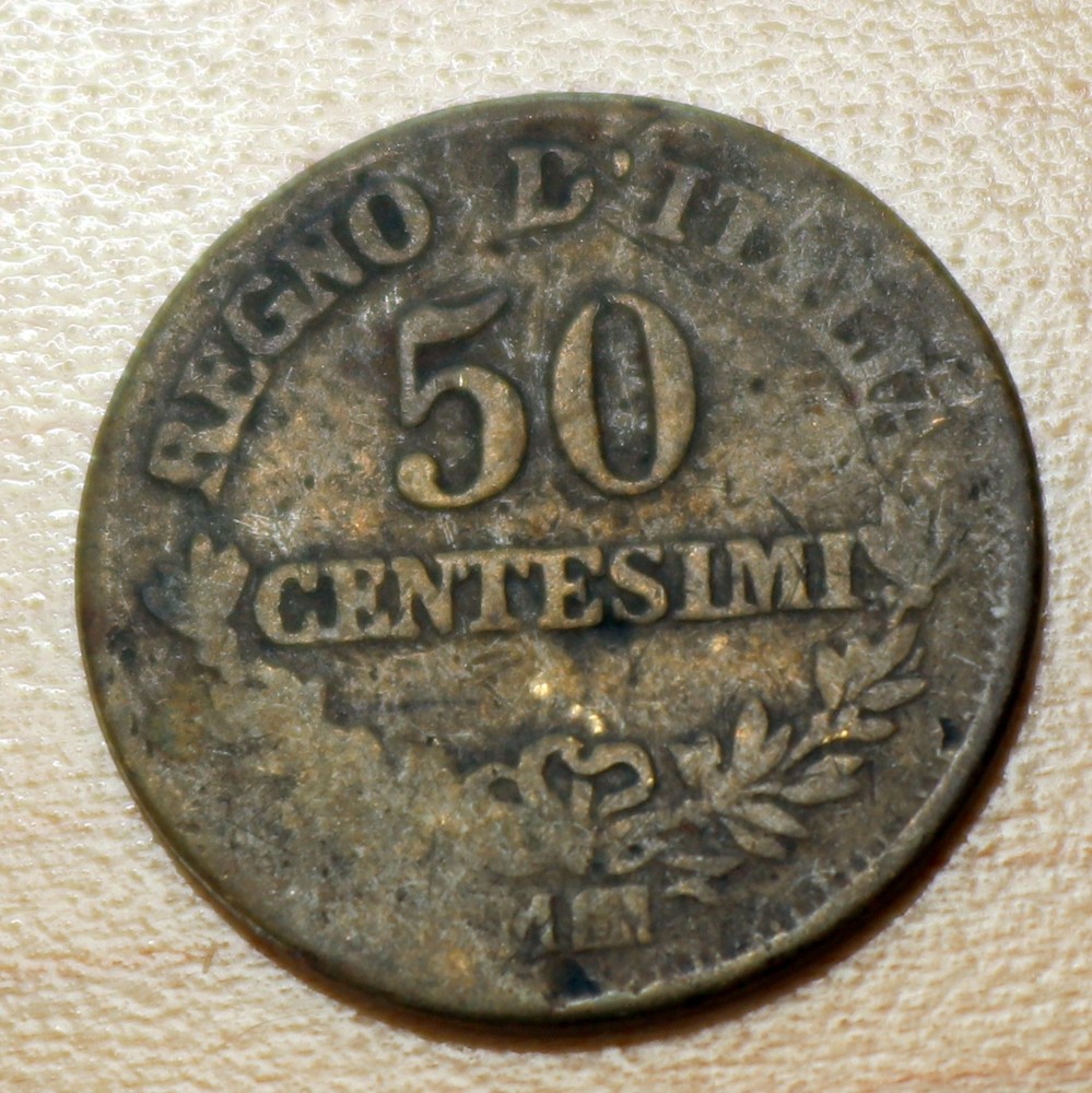 1863 Italy 50 Centesimi Silver CUD Error