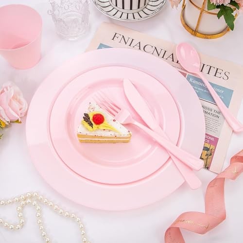 150 Pieces Pink Plastic Plates Disposable - Pink Dinnerware Set Solid Pink