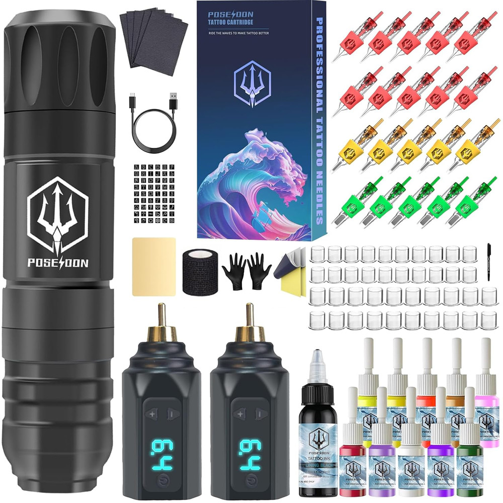 Wireless Tattoo Kit Complete Rotary Pen Machine 1500mAh Power Adjustable Stroke