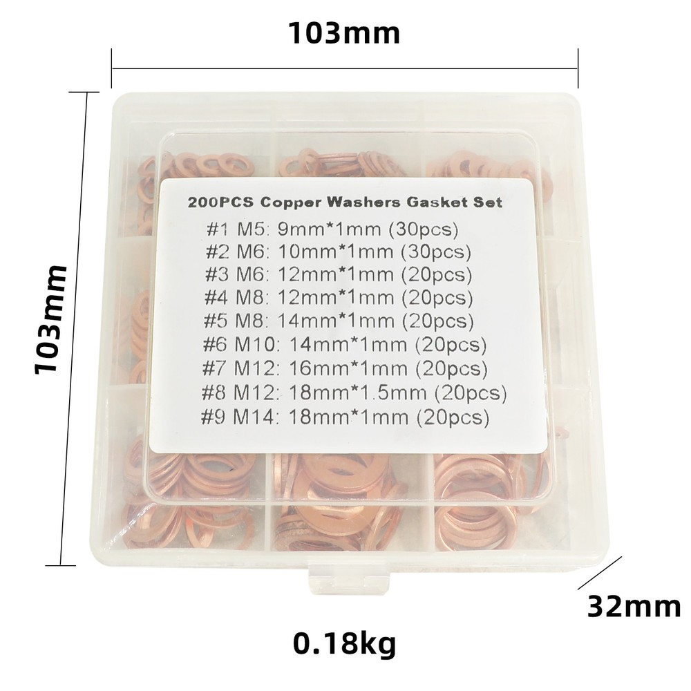 200PCS Solid Copper Crush Washer Gasket Set Flat O-Ring Seal Assortment Kits US