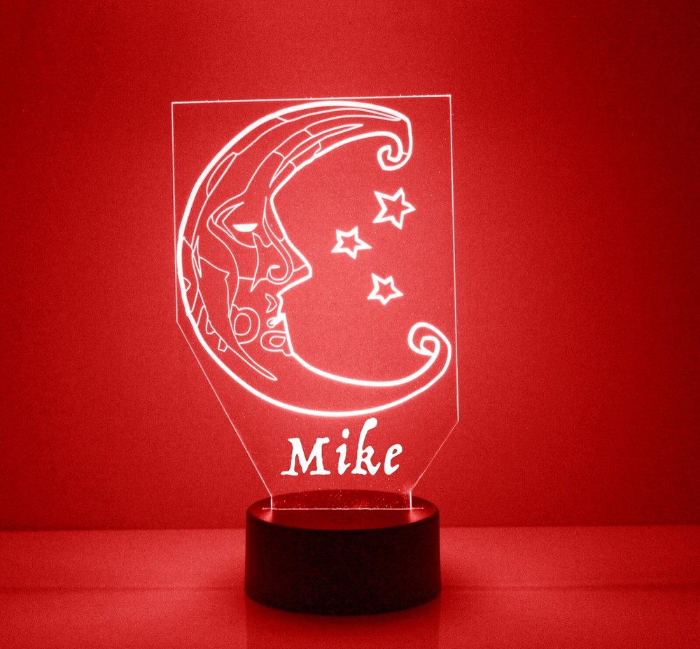 Crescent Moon & Stars Personalized Night Lamp FREE Engraved Name LED Light