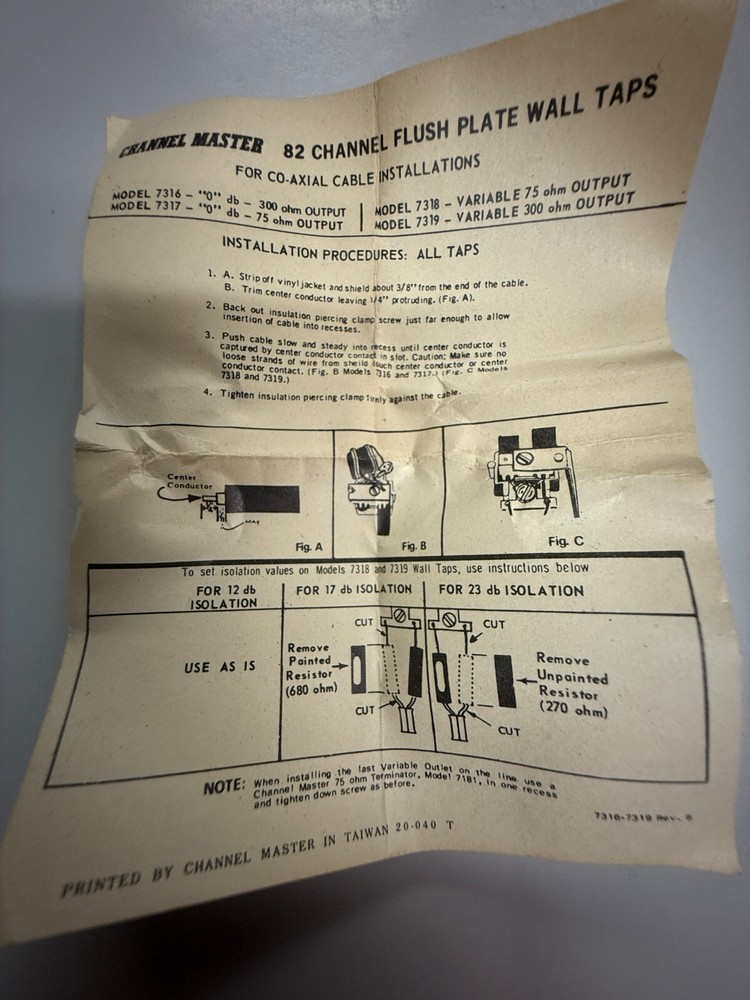 Channel Master 7319 Variable Isolation Wall Tap Ivory 300 OHM Output