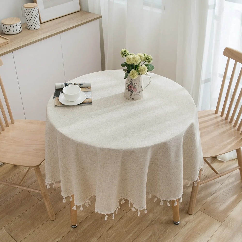 Round Table Household Circular Table Cover Linen Cotton Plain with Table Decor