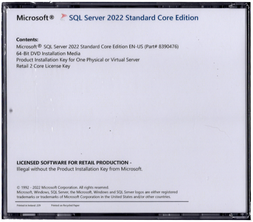 Microsoft SQL Server 2022 Standard with 2 Core License, unlimited User CALs